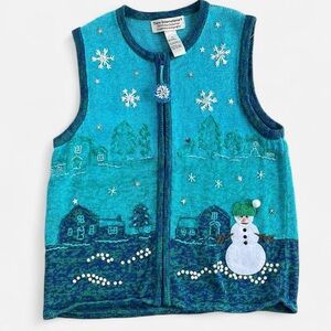 Vintage Tiara International Blue Knit Snowman Christmas Zippered Sweater Vest